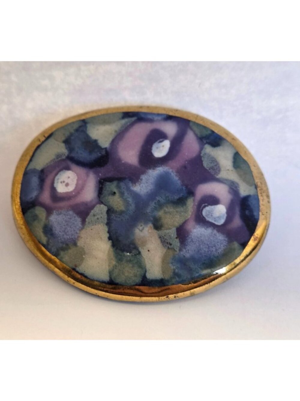 Ceramic Oval Brooch With Abstract Purple & Blue Floral Design And Gold Tone Trim